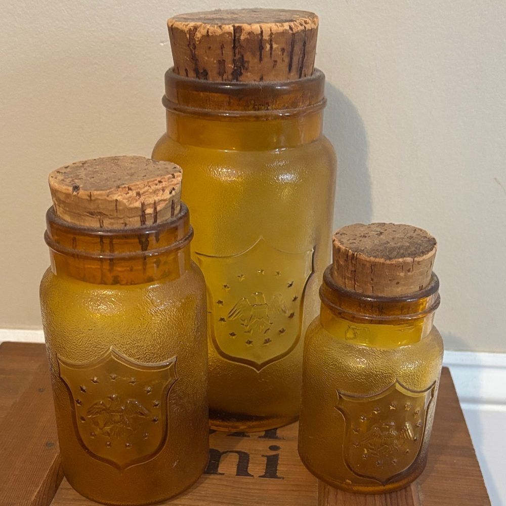 Vintage Crownford China Co Amber Glass Canister Set of 3 Cork Tops